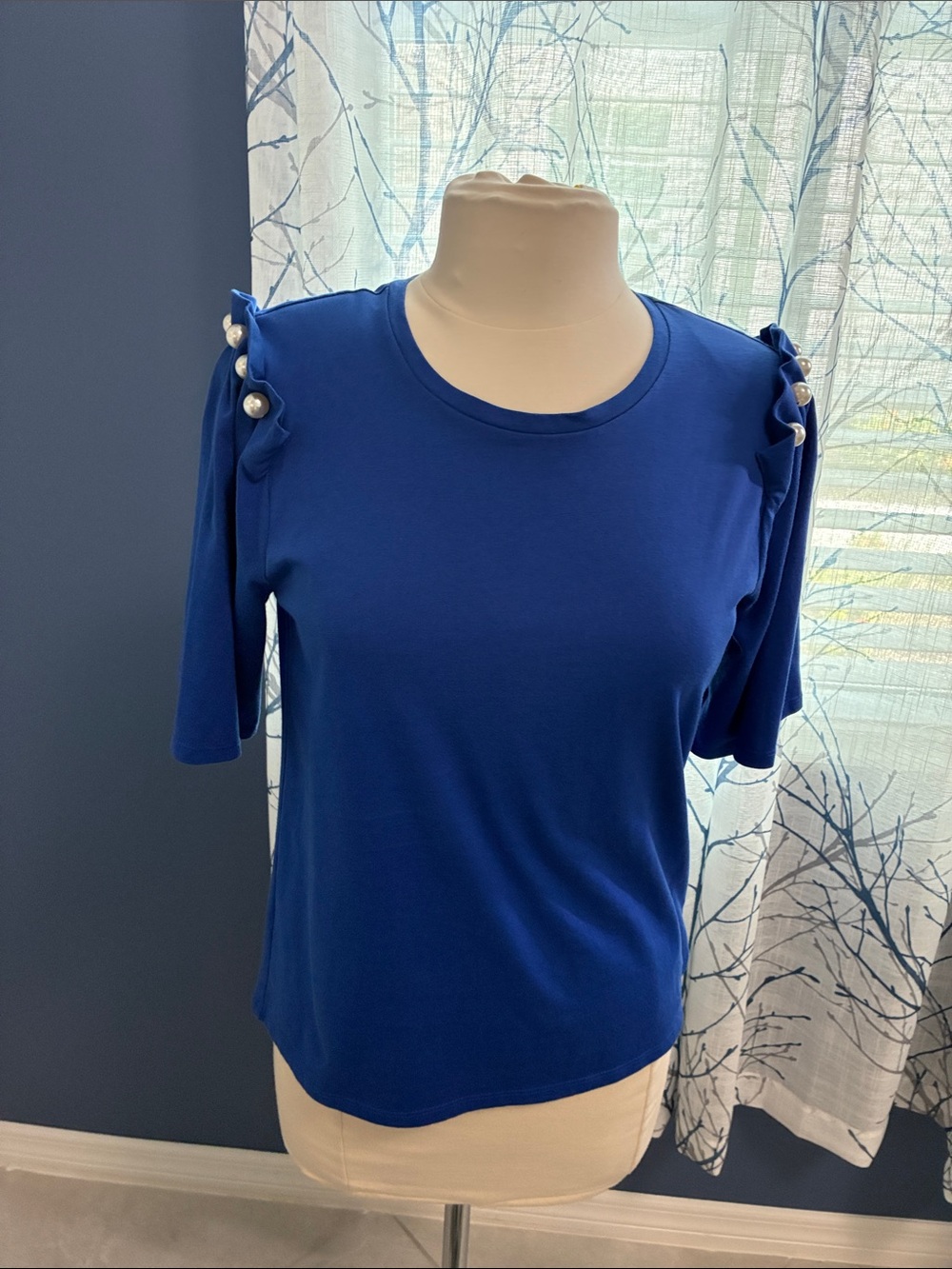 Chico’s Royal Blue Short Sleeve Top with Pearl-Embellished Shoulder